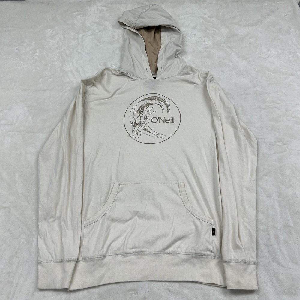 O'Neill Hooded T-Shirt Mens M Cream Graphic Logo Long Sleeve Kangaroo Pocket